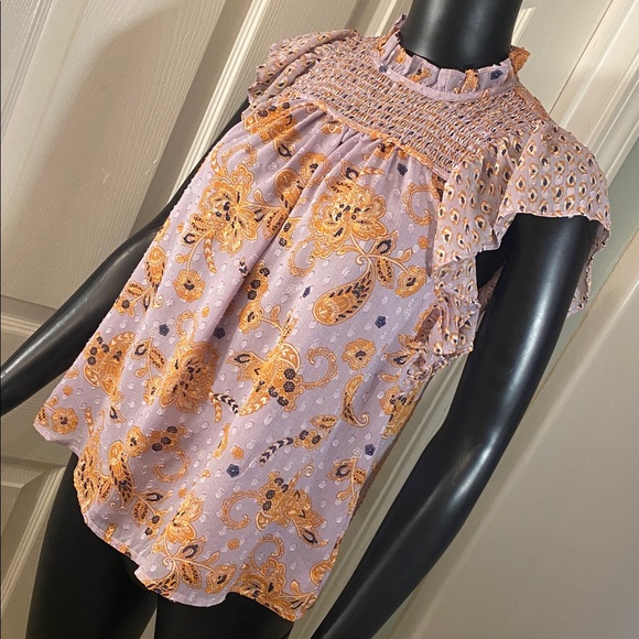 Elegant Purple and Orange Blouse with Ruffle Sleeves - Picture 5 of 12